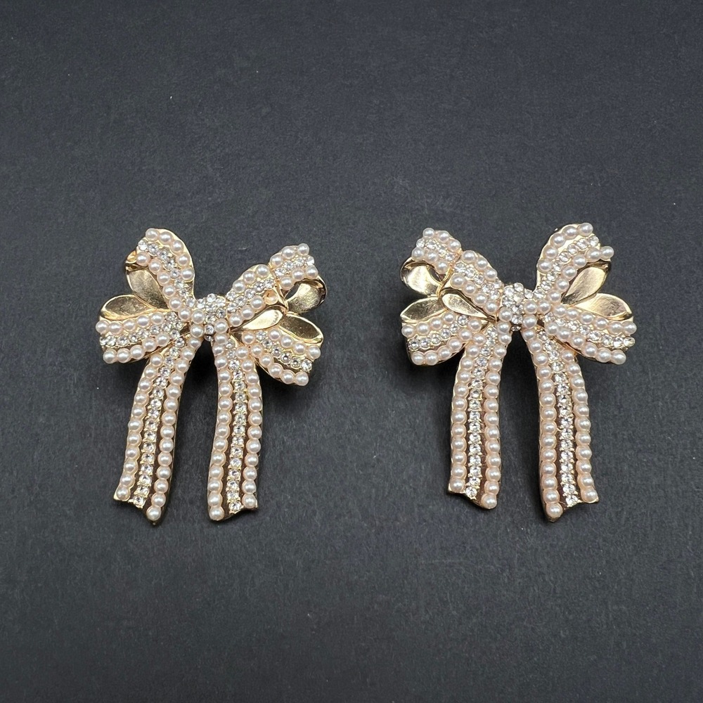 Sugarfix by BaubleBar That's a Wrap Bow Earrings Gold Tone Faux Pearl Rhinestone